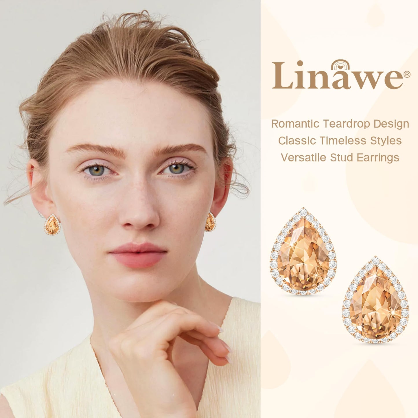 Linawe Rose Gold Color Stud Earrings for Women Trendy, Champagne Orange Rhinestone CZ Cubic Zirconia Birthstone Tear Drop Gem Stone Earrings Stud, Pear Shaped Birthstone Costume Jewelry