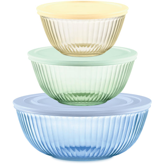 Pyrex Colors Tinted 6-PC Full Set, Small/Medium/Large Glass Mixing Bowls With Lids, Nesting Space Saving Set of Bowls For Prepping and Baking, 1.3QT, 2.3QT & 4.5QT