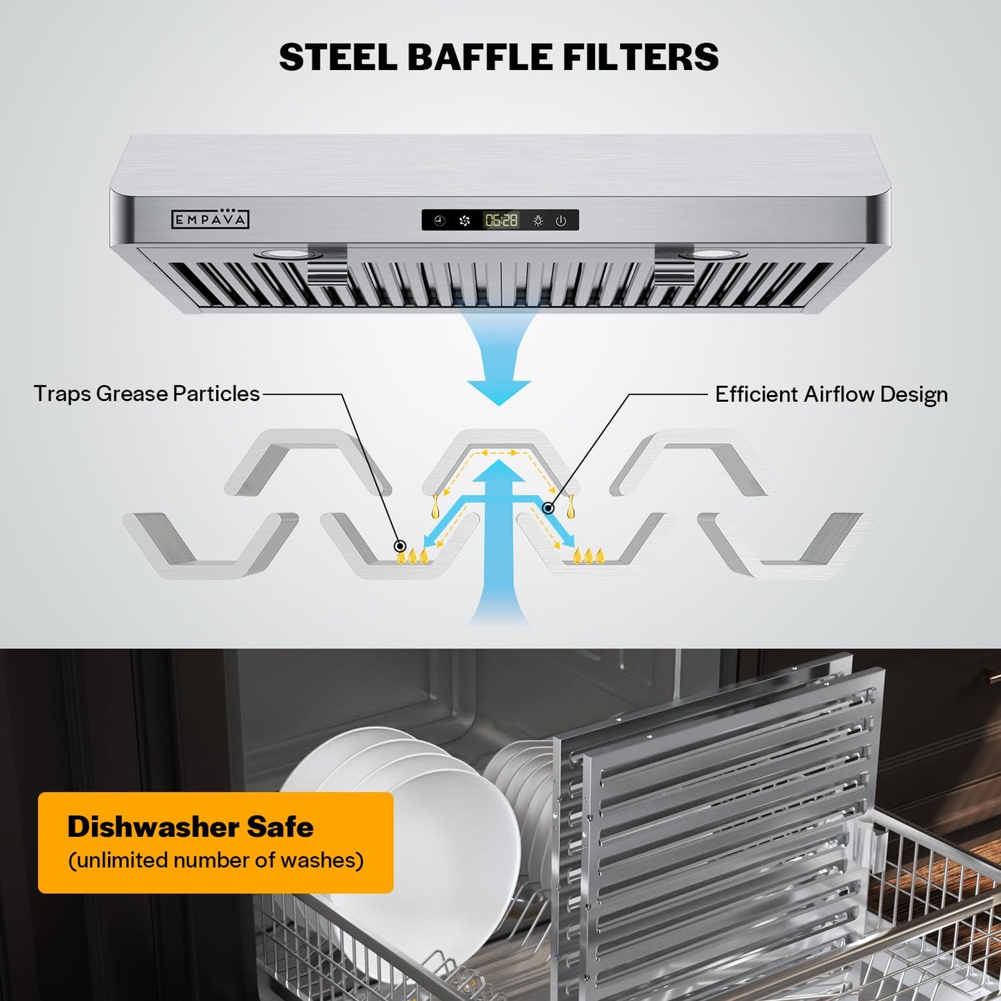 Empava Ductless/Ducted Range Hood Under Cabinet 30 Inch, Touch Control, Timer & Clock Setting, 300 CFM 3-Speeds, Plug in, Stainless Steel