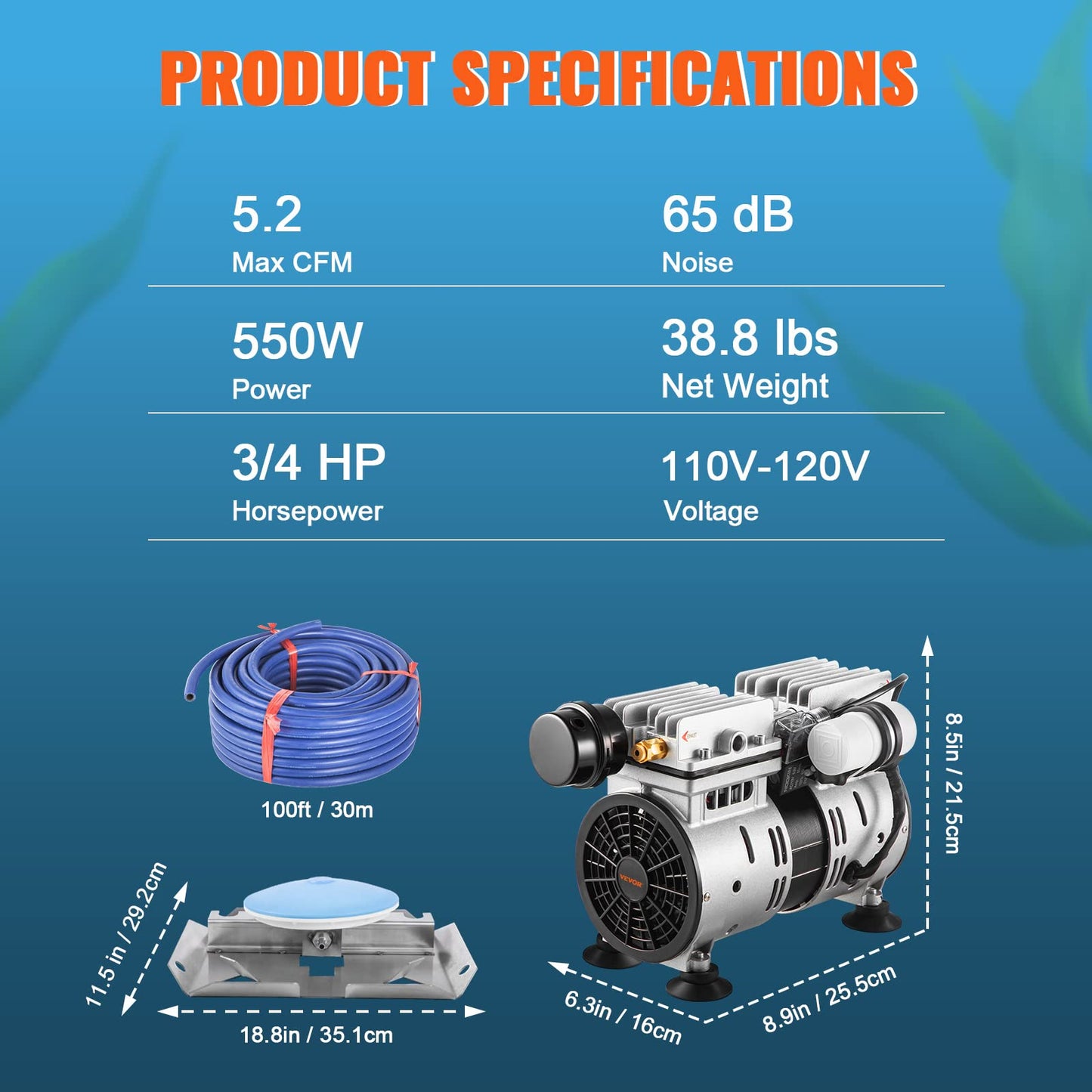 VEVOR Pond Aerator, 550W Power, 5.2CFM for Up to 1 Acre 50' Lake, Aeration Kit Includes 3/4 HP Compressor & 100' Weighted Tubing & Diffuser, Air Compressor for Deep Water Oxygen Circulation