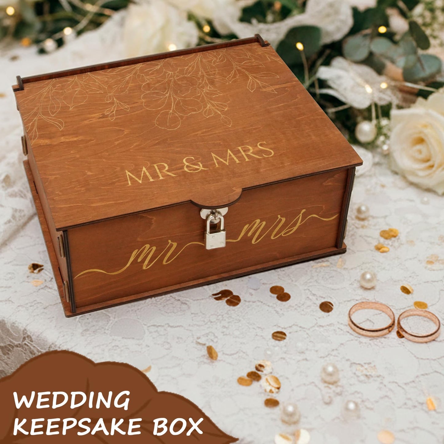 AerWo Mr and Mrs Wedding Keepsake Box, Large Wooden Storage Box with Lid and Lock, Assembled Keepsake Memory Box for Anniversary Engagement Gift, Wedding Memory Box for Couples Newly Engaged