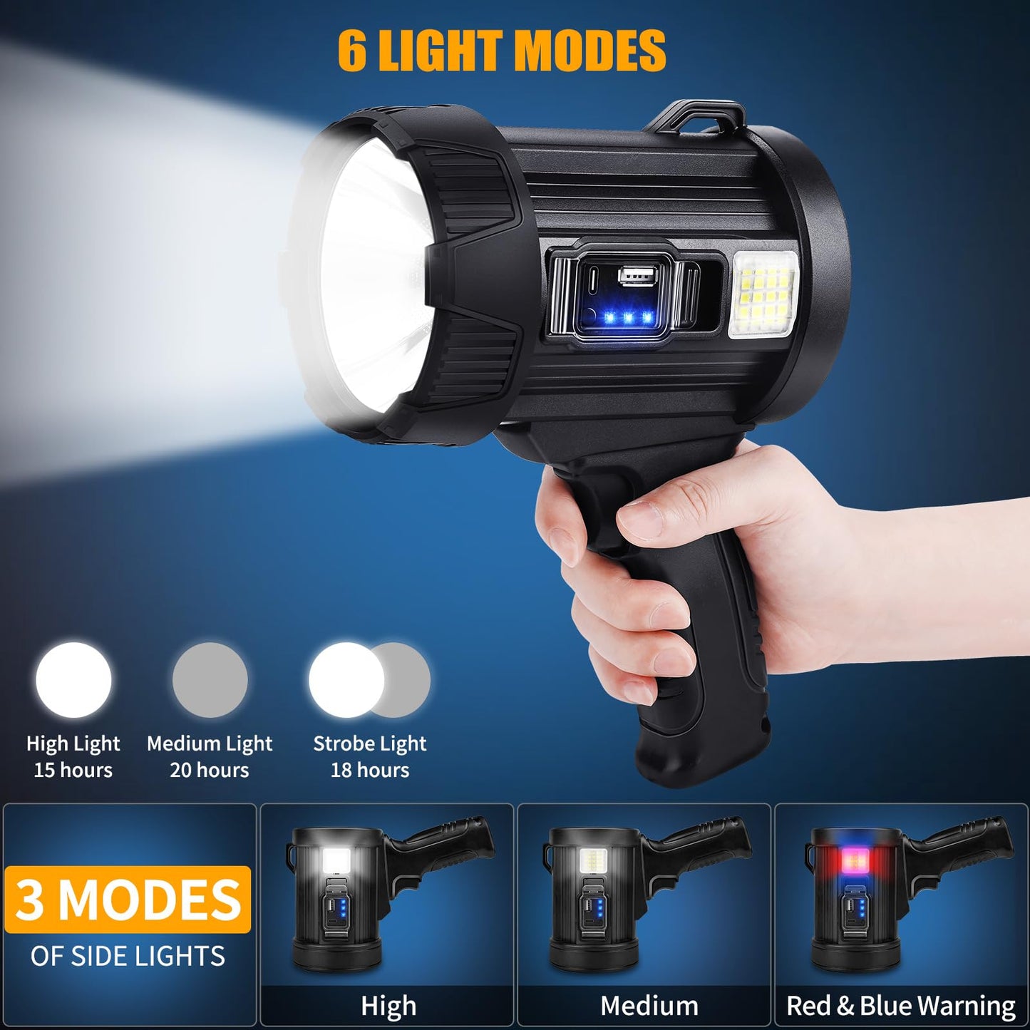 Rechargeable Spotlight, 2000000 LM Super Bright Spotlight Flashlight, Long Running Spot Light Searchlight, Outdoor Handheld LED Flashlight High Lumens with Solar Panels for Hunting Camping Boat