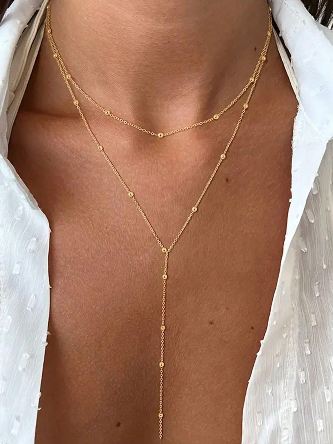 Fglqfam Lariat Necklace for Women, Dainty Long Necklaces, 14k Gold/Silver Plated Y-Shaped Drop Chain Necklace, Simple Layered Necklaces, Trendy Jewelry Gifts