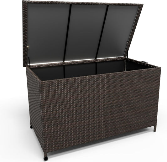 185 Gallon Outdoor Deck Box,Large Storage Bins with Lid, 2 Wheels and Handles, Patio Outdoor Bench with Storage, PE Rattan Wicker Box for Store Garden Tools, Patio Furniture Cushions, Pool Supplies