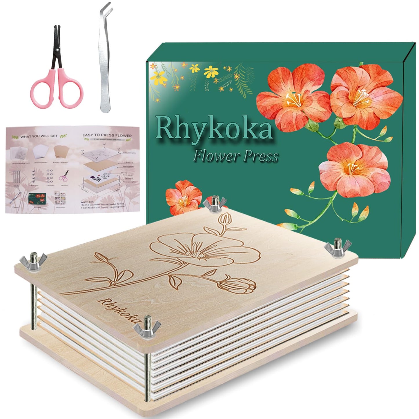Rhykoka Professional Flower Press, 8 Layers 6.3x8.3 inch (16x21cm) Wooden Flower Press Kit/Flower Pressing for Adults, Great Gift for DIY Flowers Lovers (Wooden)