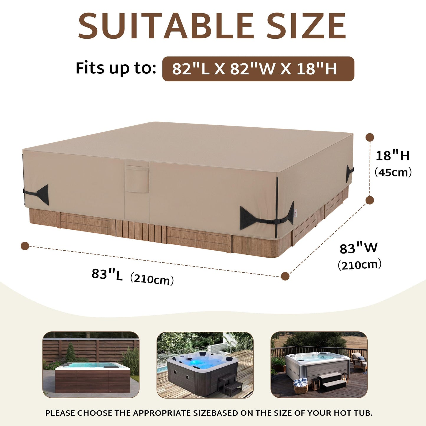 iBirdie Outdoor Waterproof Hot Tub Cover 83 x 83 inch fit 82 x 82 or 81 x 81 or 80 x 80 Square SPA 600D Heavy Duty Weatherproof Cover Protectors Protective Cap, Brown