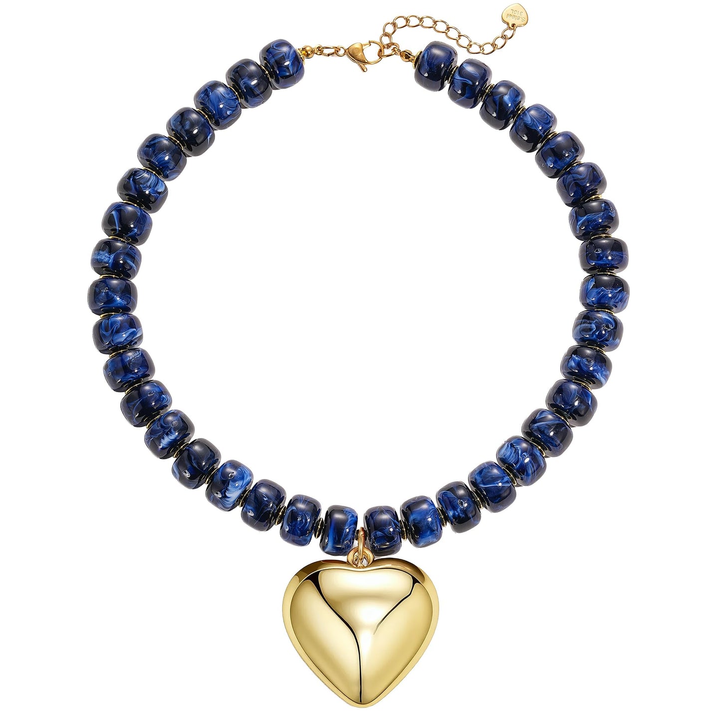 MIUSISHIYU Navy Blue Faux Lapis Lazuli Resin Chunky Necklaces for Women, Trendy Beaded Puffy Gold Heart Pendant Statement Choker, Lightweight Boho Y2K Summer Beach Jewelry
