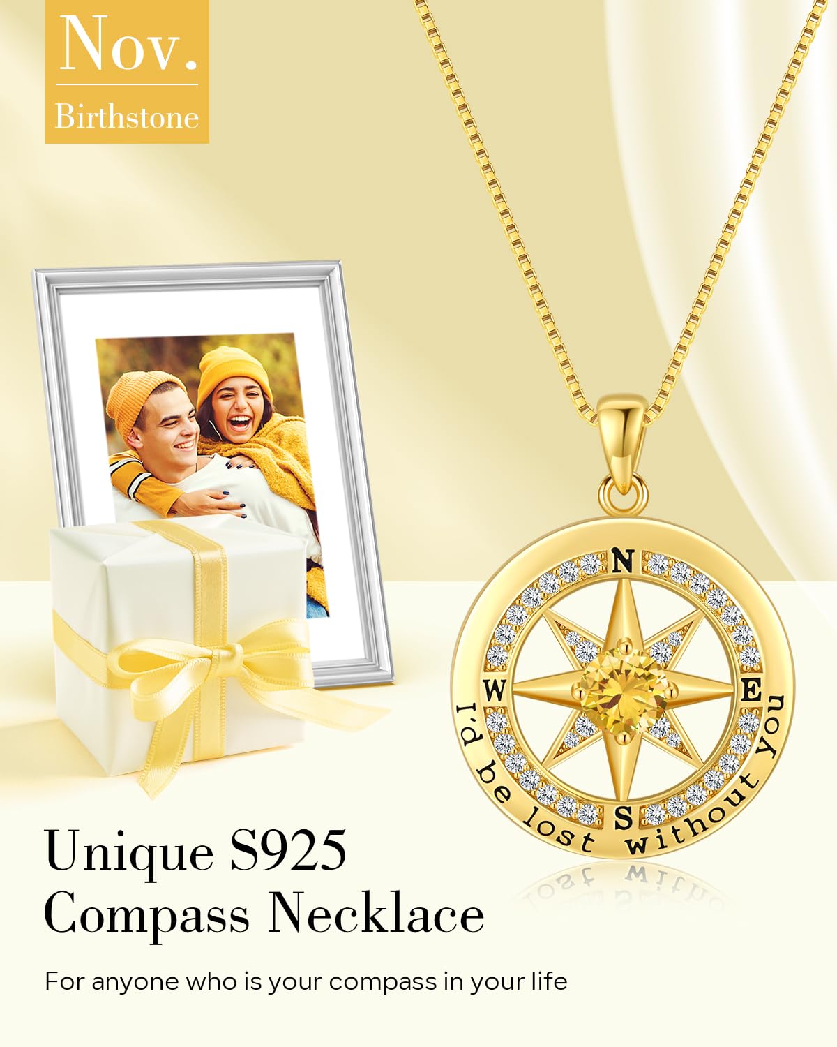 S925 Necklace Gift for Wife |Compass Jewelry Women Anniversary |Sterling Silver |Girlfriend Birthday Necklaces for Her Valentines |I'd be Lost without You |Jewel 18K Gold Nov 11