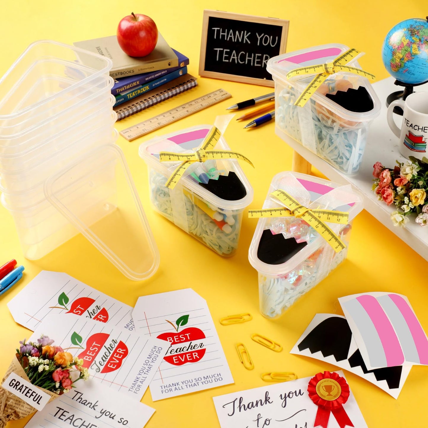 Tinlade 12 Set DIY Pencil Container Appreciation Teacher Gifts with Apple Cards Ruler Ribbon Back to School Plastic Treat Boxes for Teachers Thank You Gifts for Classroom School Party Favors