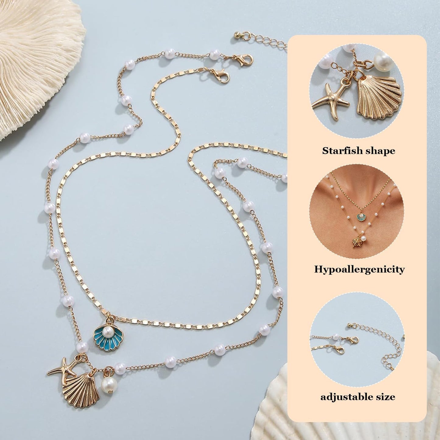 Shell Starfish Necklace for Women Gold Tone Layered Beach Jewelry Pearl Seashell Charm Adjustable Coastal Necklace for Summer Vacation Outfits Gifts