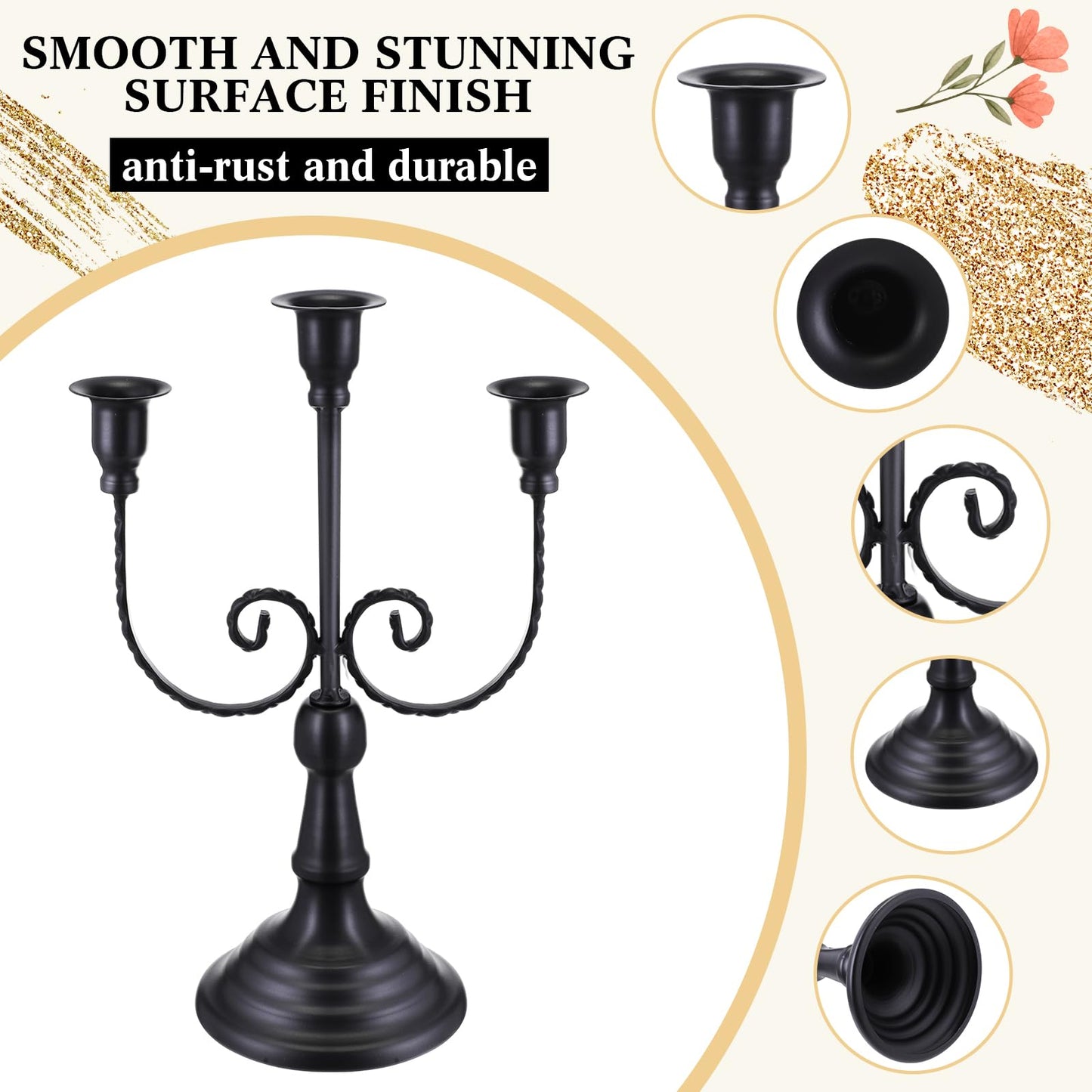 Dandat 3 Pcs 3 Arm Metal Candelabra Candlestick Holders Tall Candlestick Holders Gothic Candle Holder for Home Wedding Church Christmas Party(Retro,11.8 Inch,Black)