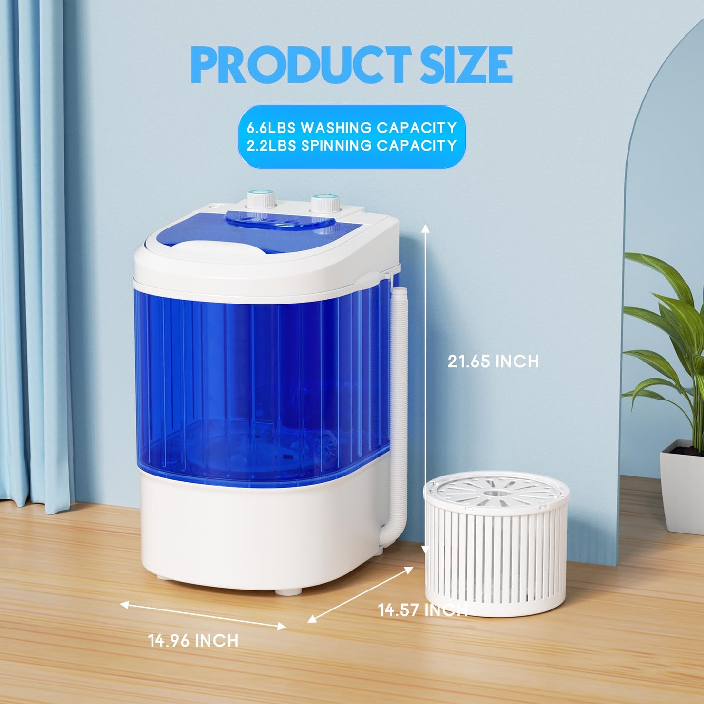 INTERGREAT Portable Washing Machine, 6.6 Lbs Mini Washer Machine Compact, 110V Single Tub Semi-Automatic Portable Laundry Washer Machine for Apartments, RV, Dorms, Traveling, Blue