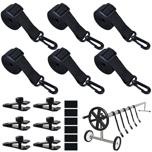 18Pcs Adjustable Length Upgraded Pool Solar Cover Reel Strap Pool Cover Reel Attachment Straps Pool Reel Strap Kit Including 6 Solar Cover Reel Blanket Straps with Hooks,6 Clamps,6 Touch Fastener