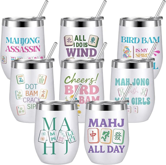 Sliner 8 Pcs Mahjong Tumbler with Lid 12oz Stainless Steel Insulated Cups Mah Jong Accessories Travel Coffee Cup for Women Men Mahjong Lovers Birthday Game Night Party Favors