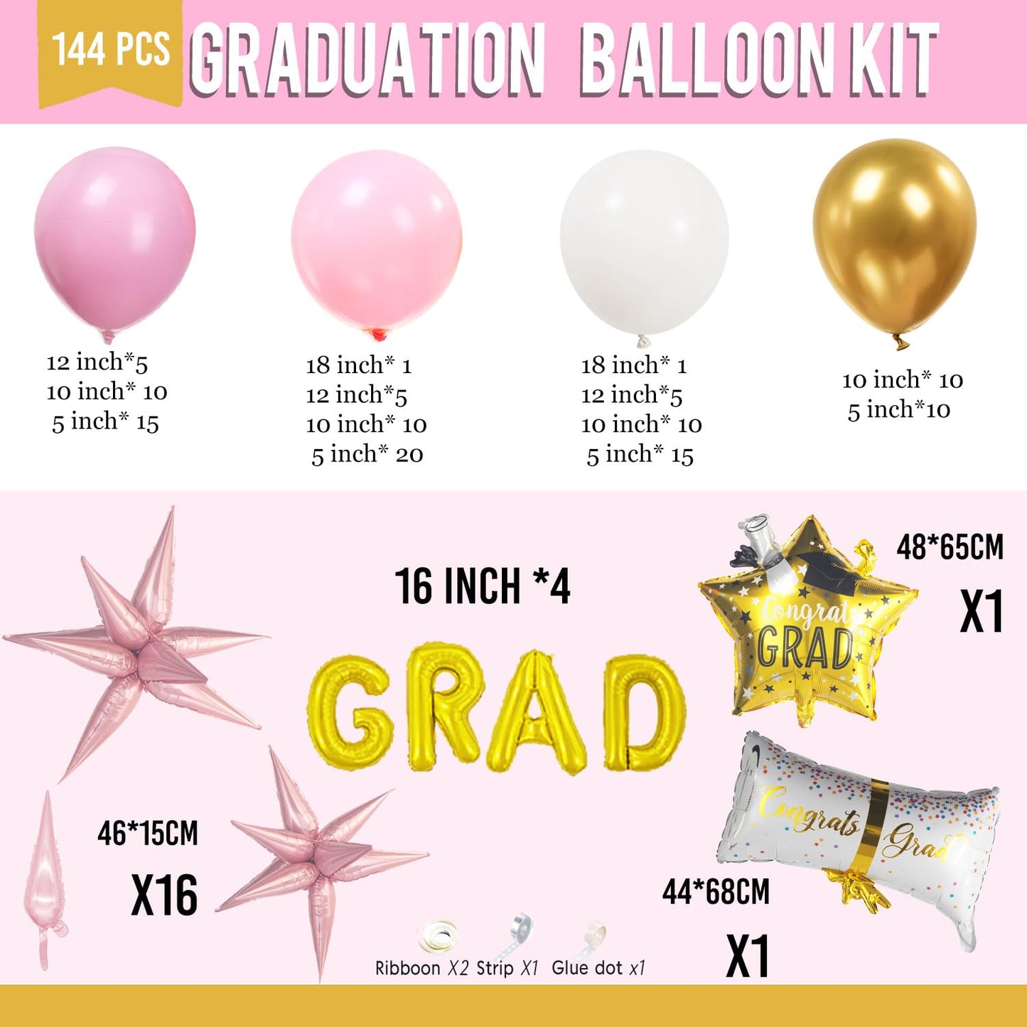 Pink and White Gold Grad Balloon garland arch kit 145pcs With Large Gold Star GRAD Letter balloons for 2026 graduations decorations Prom girl's birthday party supplies