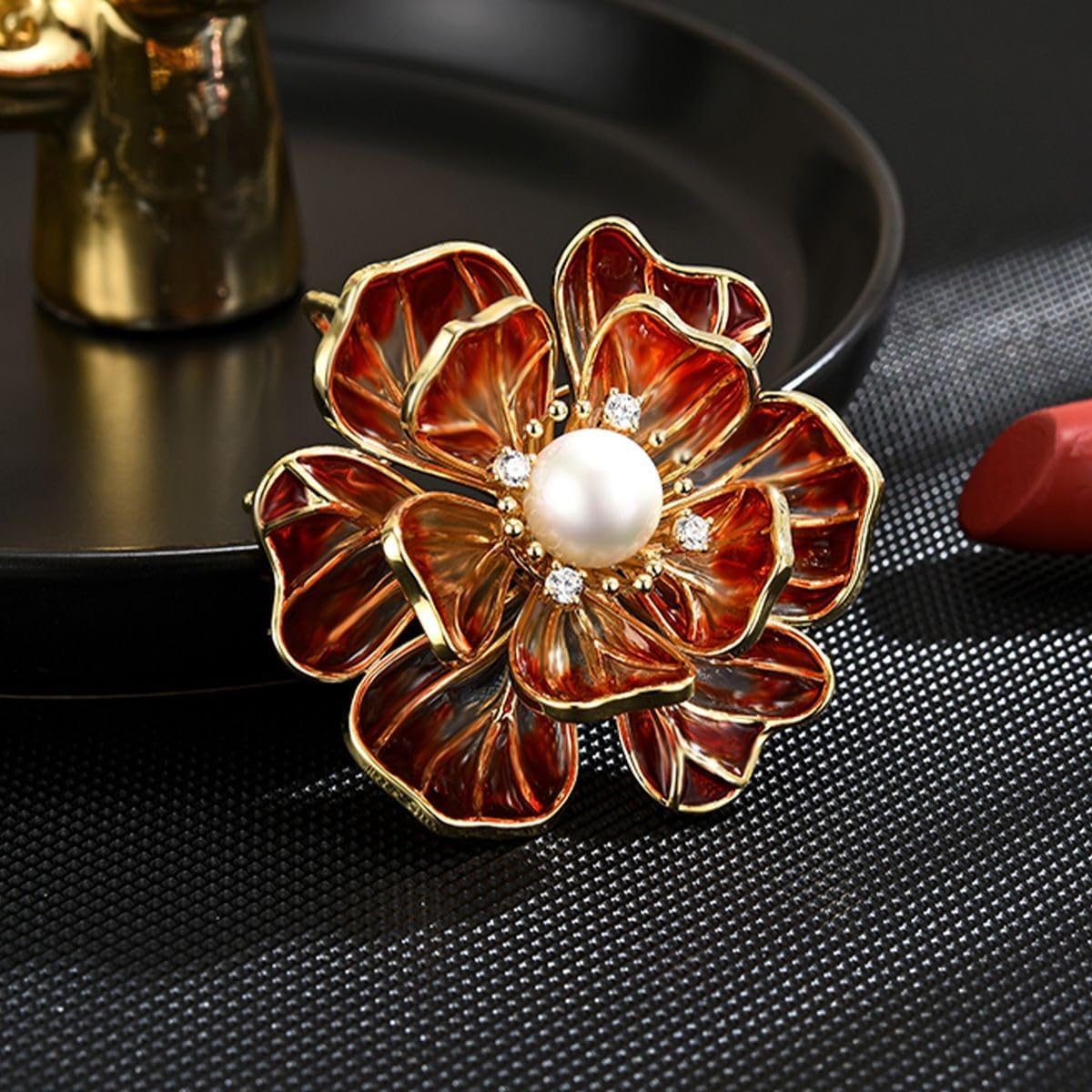 UNVAK Red Peony Flower Brooch 18k Gold Plated Peony Flower Brooch Pin Peony Pearl Brooch Lapel Pin Jewelry Thanksgiving Day Birthday Gifts Dress Accessories for Mom Wife