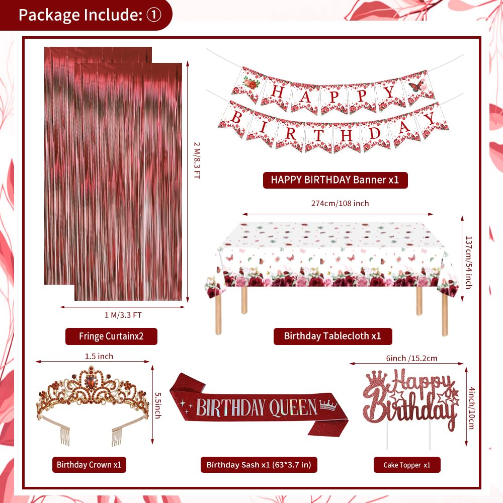 Burgundy Rose Gold Birthday Decorations with Happy Birthday Banner, Balloons, Sash, Crown, Butterfly, Hanging Swirls, Flower Tablecloth, Fringe Curtain, Pompoms for Women Girls Party Backdrop Supplies