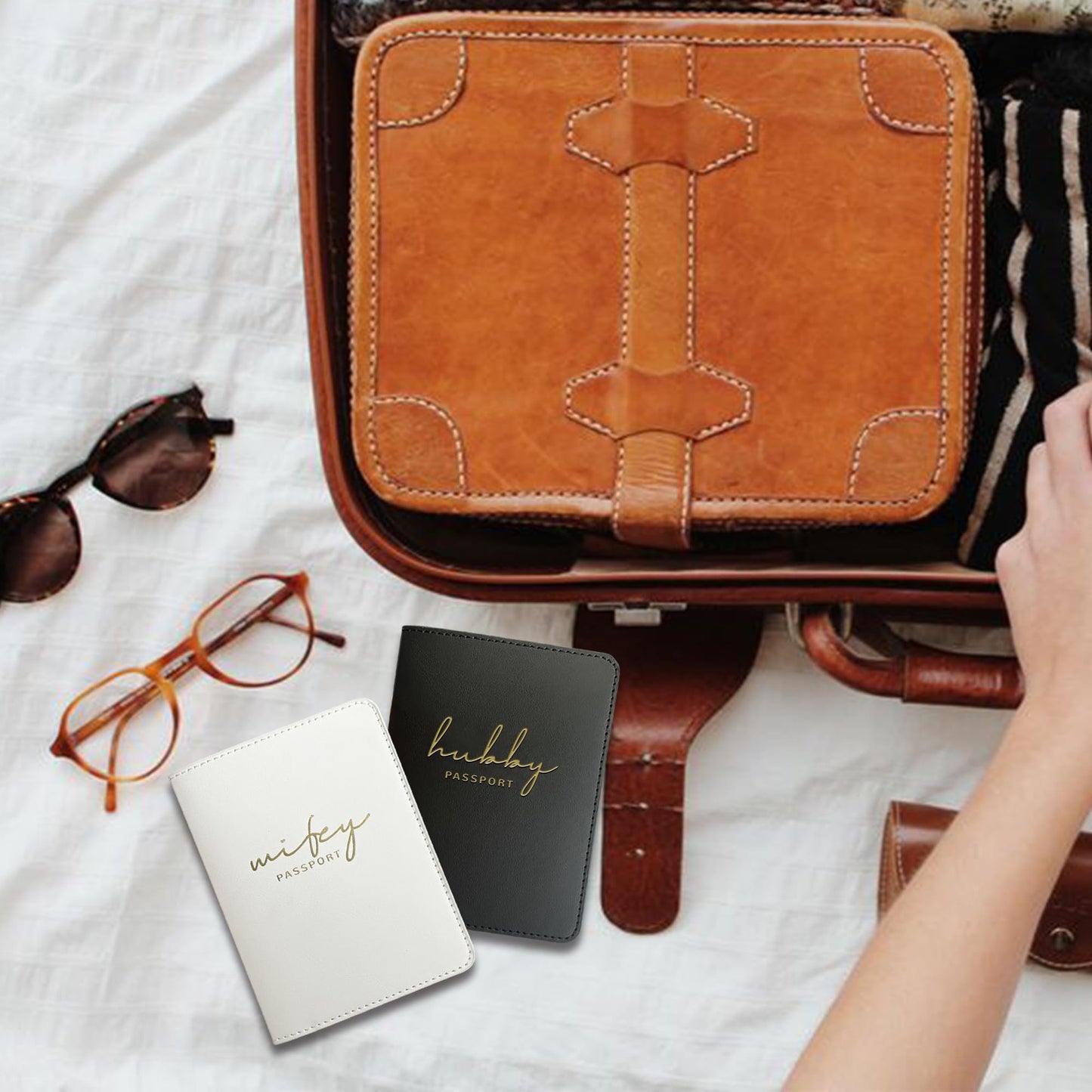 Mr&Mrs Gifts Matching Passport Holders for Bride and Groom, Hubby&Wifey Gold Foil Logo, Dual PU Leather with Card Pockets, Honeymoon Travel Essentials Gift for Newlyweds(HW Black White)