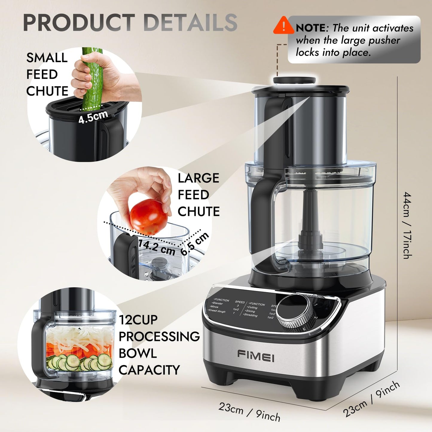 FIMEI 12-Cup Food Processor and Vegetable Chopper, 600W Electric Food Chopper for Slicing, Shredding, Chopping, Pureeing, Dough, Baby Food Maker, Large Feed Chute, Dishwasher Safe Bowl