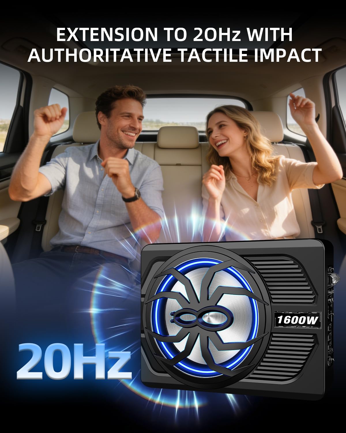 SUBPULSIX 1600W Slim Underseat Car Subwoofer and Amp Package, Under Seat Subwoofer with Built-in Class D Amp & DSP, LED Light Switch, Deep Subsonic Bass, Powered Subwoofer Car Audio for Truck/SUV