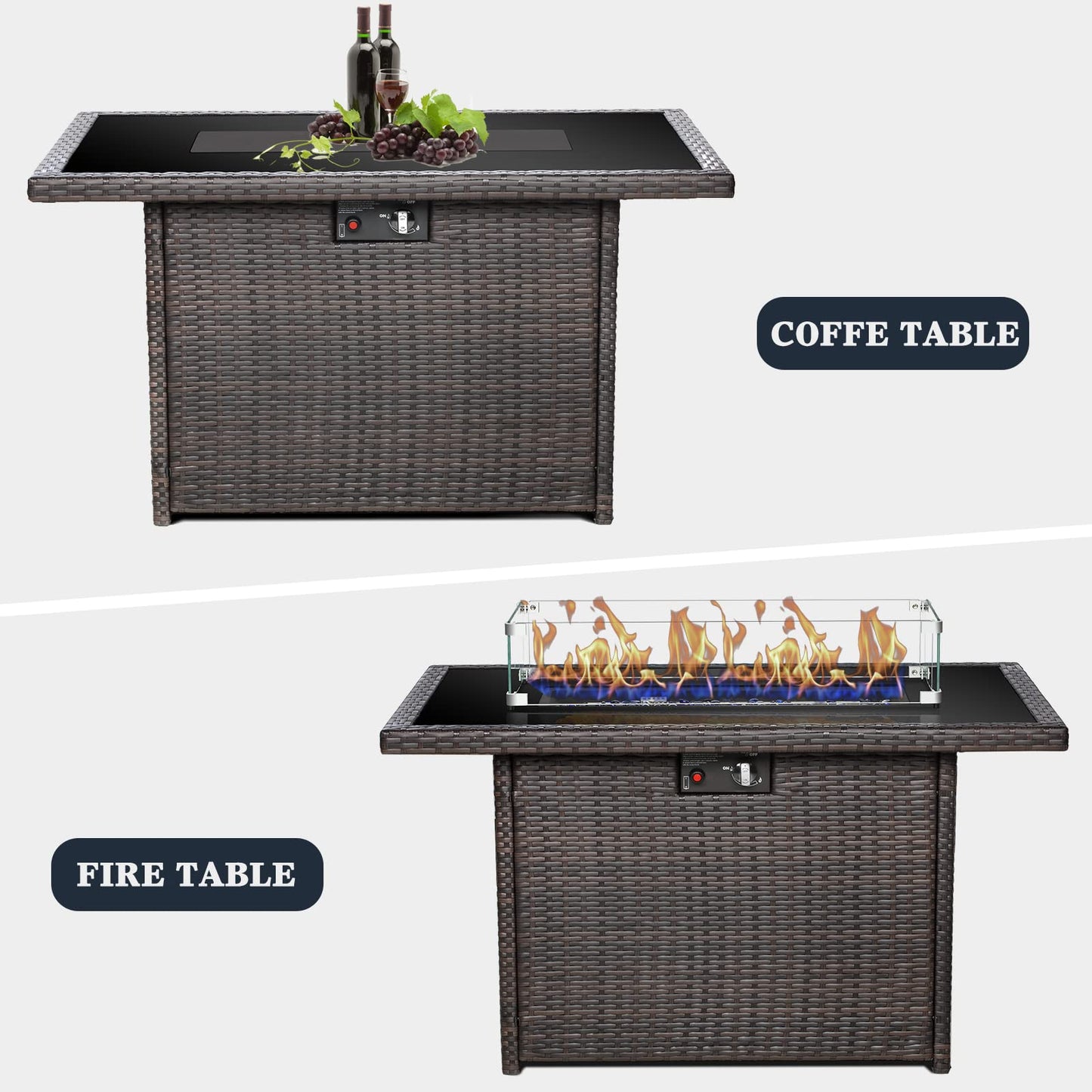 KHOLH 44 Inch Propane Gas Fire Pits Table for Outside Patio, 60000 BTU Rectangular Outdoor Wicker Rattan Fire Pit with Glass Wind Guard