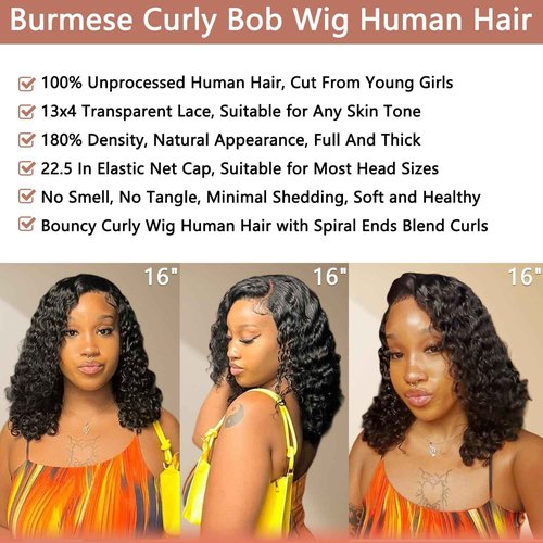 UREMY Bouncy Curly Wigs Human Hair, 13x4 Lace Front Burmese Curly Bob Wig for Black Women, Water Wave Pre Plucked Transparent Lace, Natural Black, 14 Inch, 180% Density