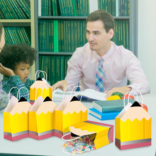 27pcs Back to School Teacher Gifts – Pencil Shaped Paper Bags Bulk, Welcome Candy Treat Boxes for Students, Classroom Party Decorations, Teacher Appreciation Week