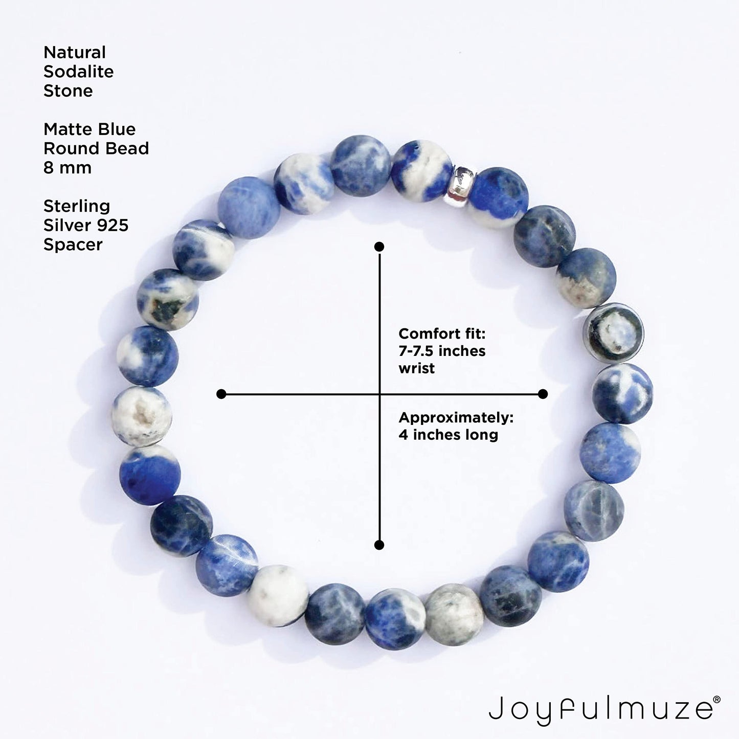 Joyfulmuze Genuine Sodalite Bracelet, Blue And White Spiritual Chakra Stone, Handmade Stretch Jewelry For Women And Men, 8mm Beads Fit 7-8 inch Wrist (Sodalite-Silver)