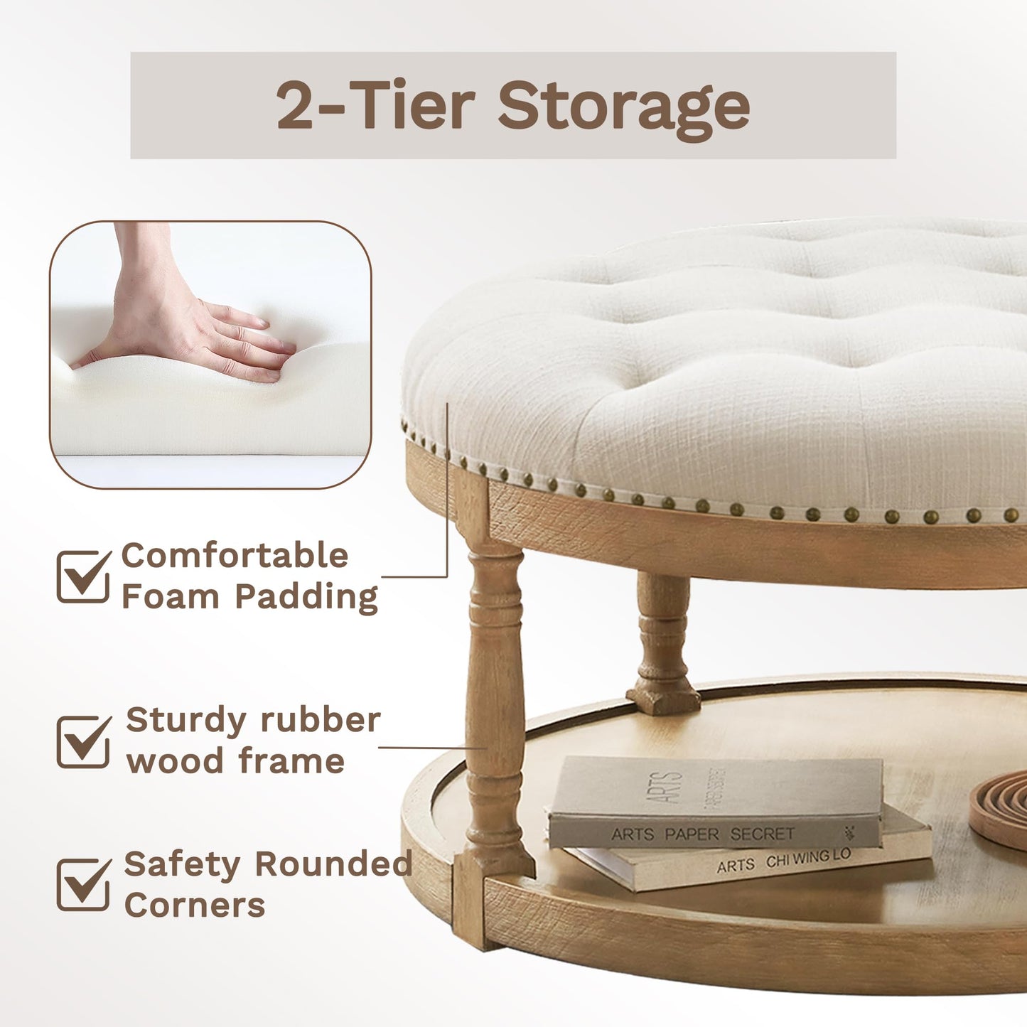 Womina 33" Large Round Ottoman Coffee Table with Storage, Upholstered Button Tufted Linen Footrest Ottoman with Wood Storage Shelf Farmhouse, for Living Room, 350 LBS, Beige