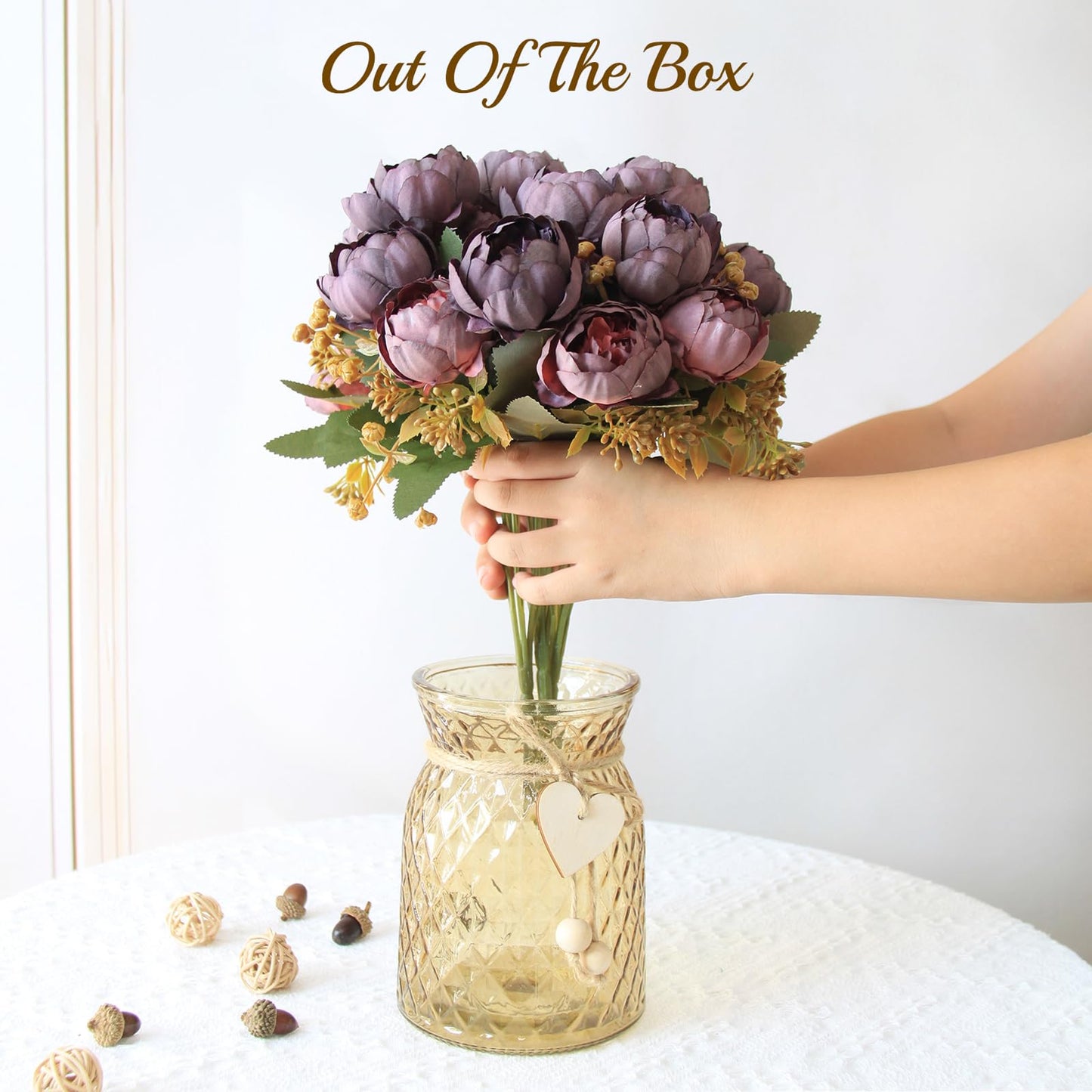 Leayiuvan Faux Flowers in Vase, Fake Flowers in Vase 21 Pcs Faux Peony Flowers, Artificial Flowers for Home Decor, Indoor Centerpiece for Living Room & Dining Table - Purple Red