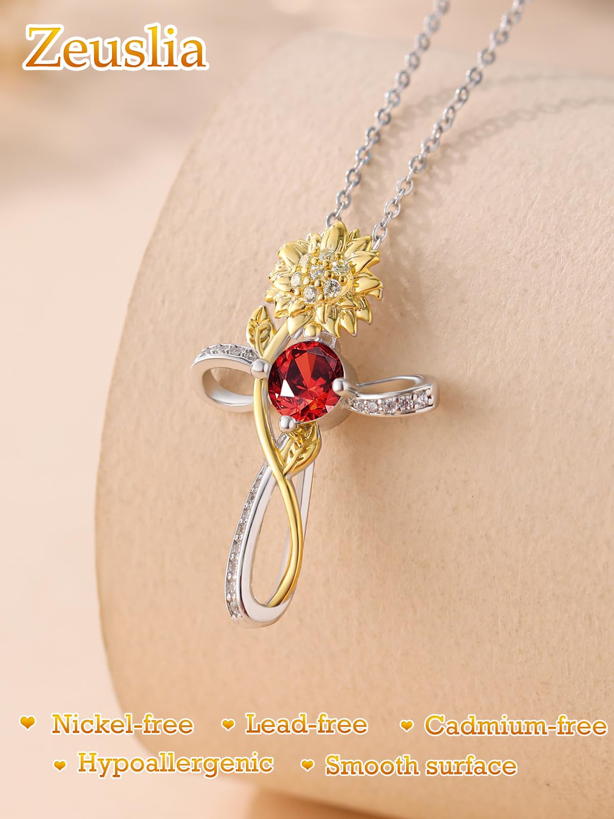 Cross Necklace for Women Sterling Silver Cross Pendant Jewelry with Sunflower Garnet January Birthstone Necklace Christian Religious Baptism First Communion Confirmation Birthday Gifts for Women