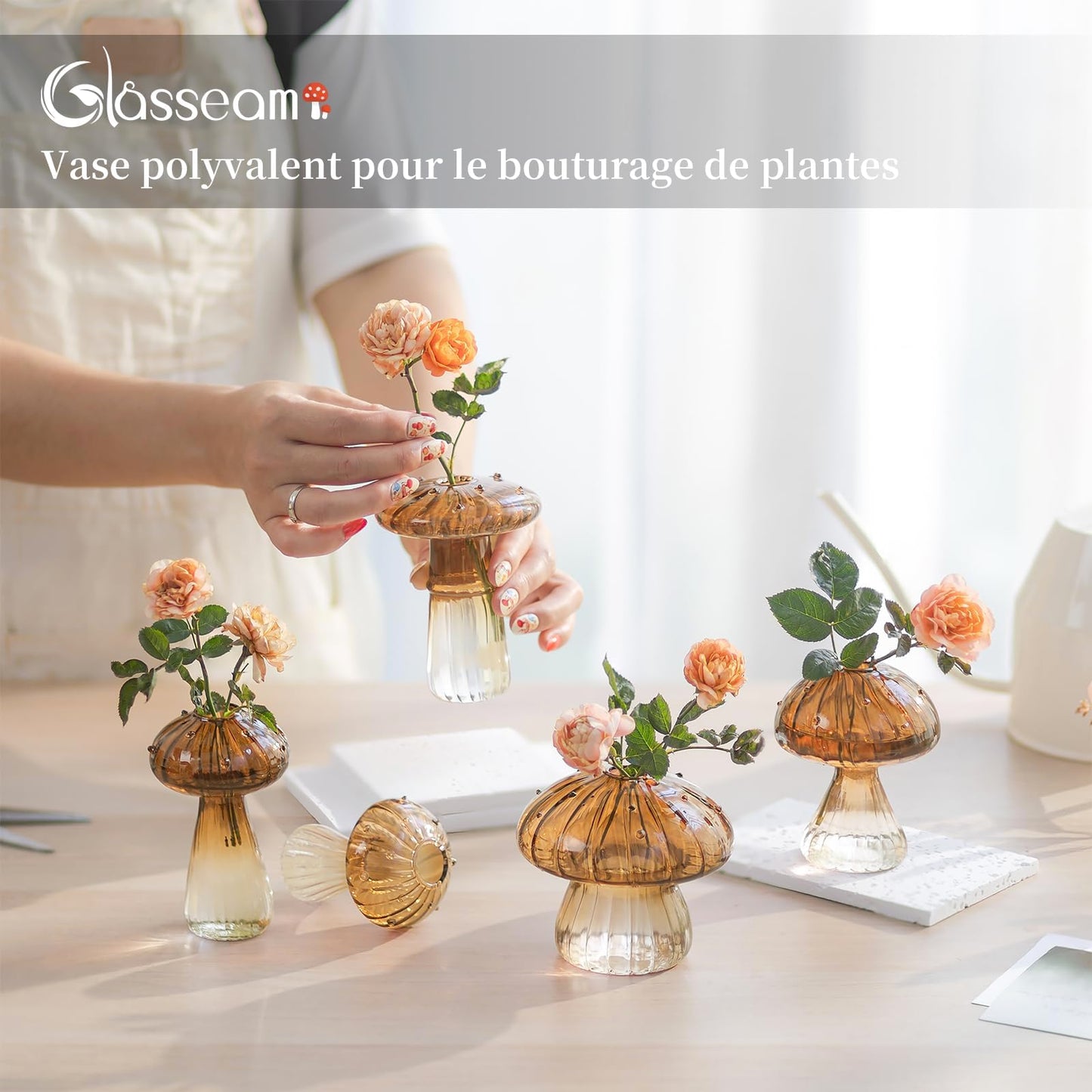 Glasseam Mushroom Plant Propagation Stations: Green Glass Terrarium Jar Set of 5 Cute Planters for Indoor Plants Mini Propagate Station Unique Christmas Birthday Gifts for Women Home Office Decor