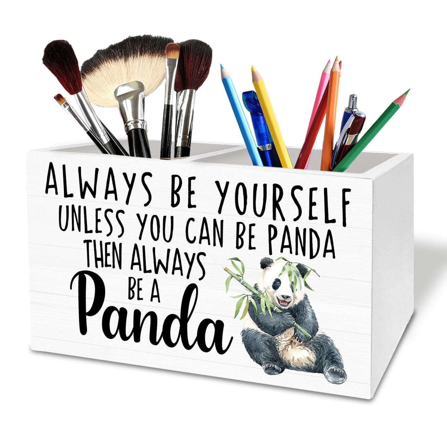 HYKDFMNCJ Panda Pen Holder for Desk, Inspirational Panda Wooden Box Sign Desk Decor for Home Office Decoration, Always Be Yourself Motivational Pencil Organizer, Pandas Lover Gifts