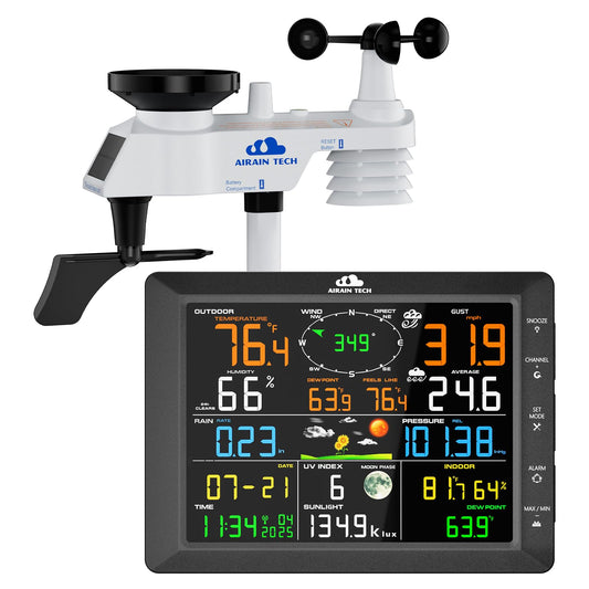 AIRAIN TECH 14-in-1 Wireless Weather Station with Outdoor Wireless Sensor,Radio-Controlled Clock,Rain Gauge,Wind Speed/Direction,Moon Phase,Wind Chill Index,Outdoor Dew Point,Barometer(NO WiFi)