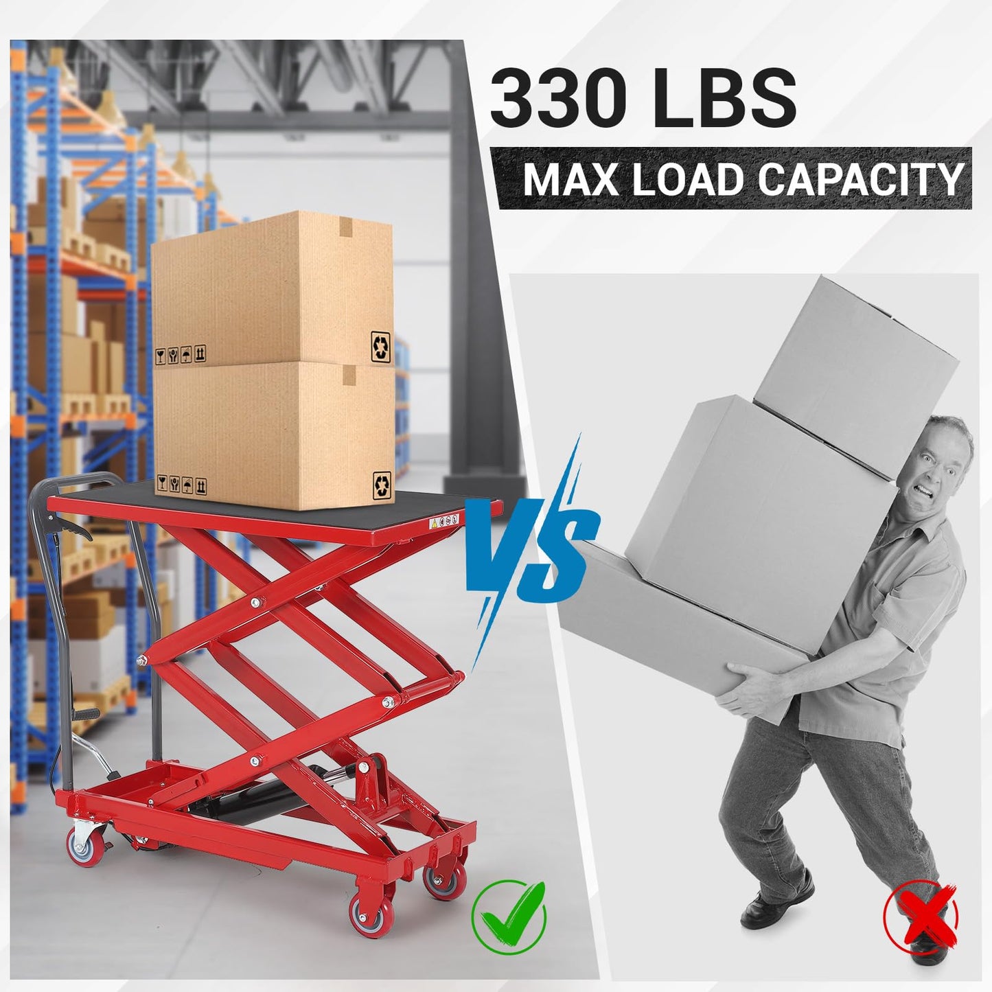 Hydraulic Lift Table Cart, 330lbs Capacity 50" Lifting Height Hydraulic Table Cart, Double Scissor Lift Table with Non-Slip Pad for Material Handling and Transportation, Red