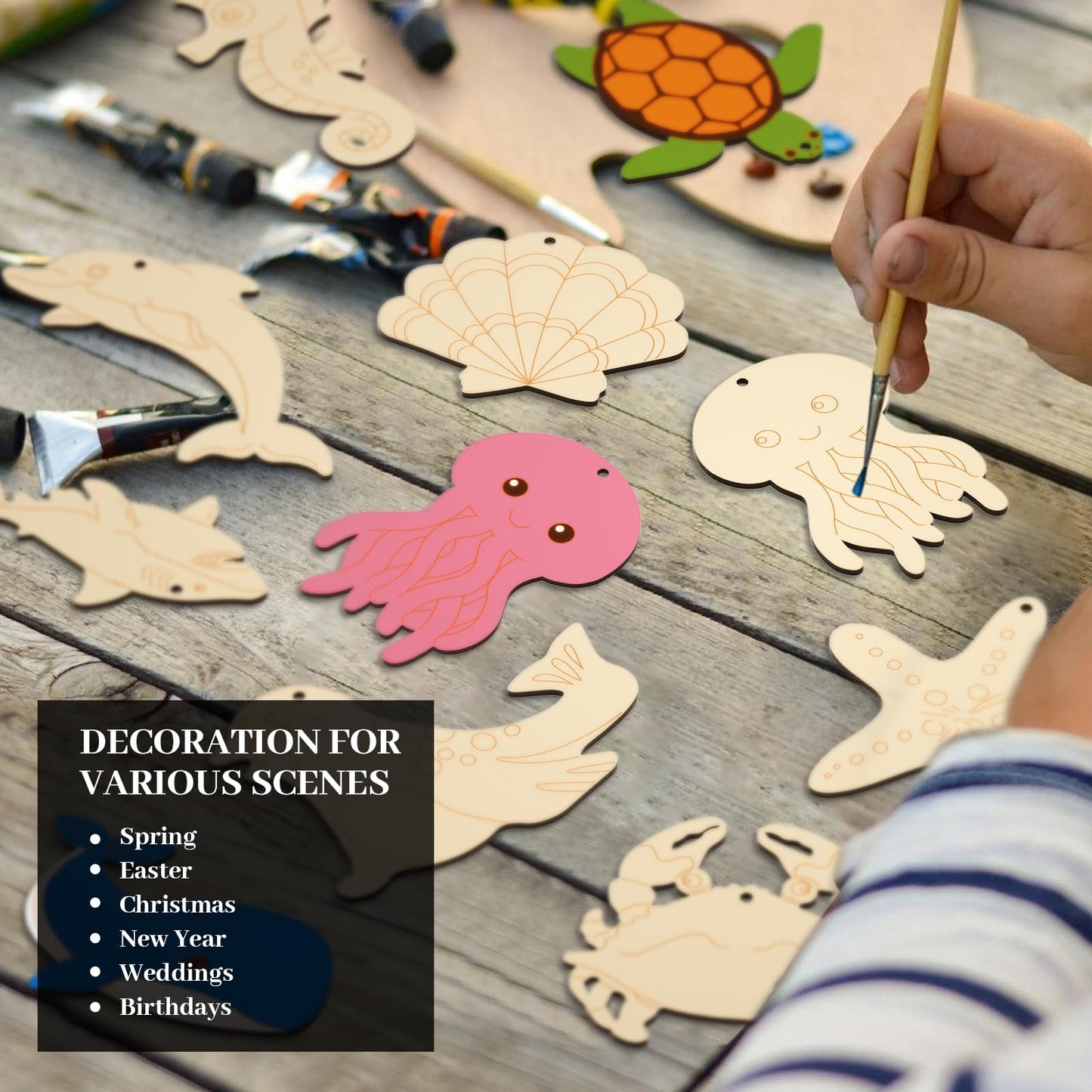 Subacy 80 PCS Unfinished Wood Cutouts 10 Styles DIY Wooden Ocean Ornaments, Wooden Art Craft Painting Kit for Kids, Birthday Easter Creativity Arts & Crafts, Sea Animal Shape