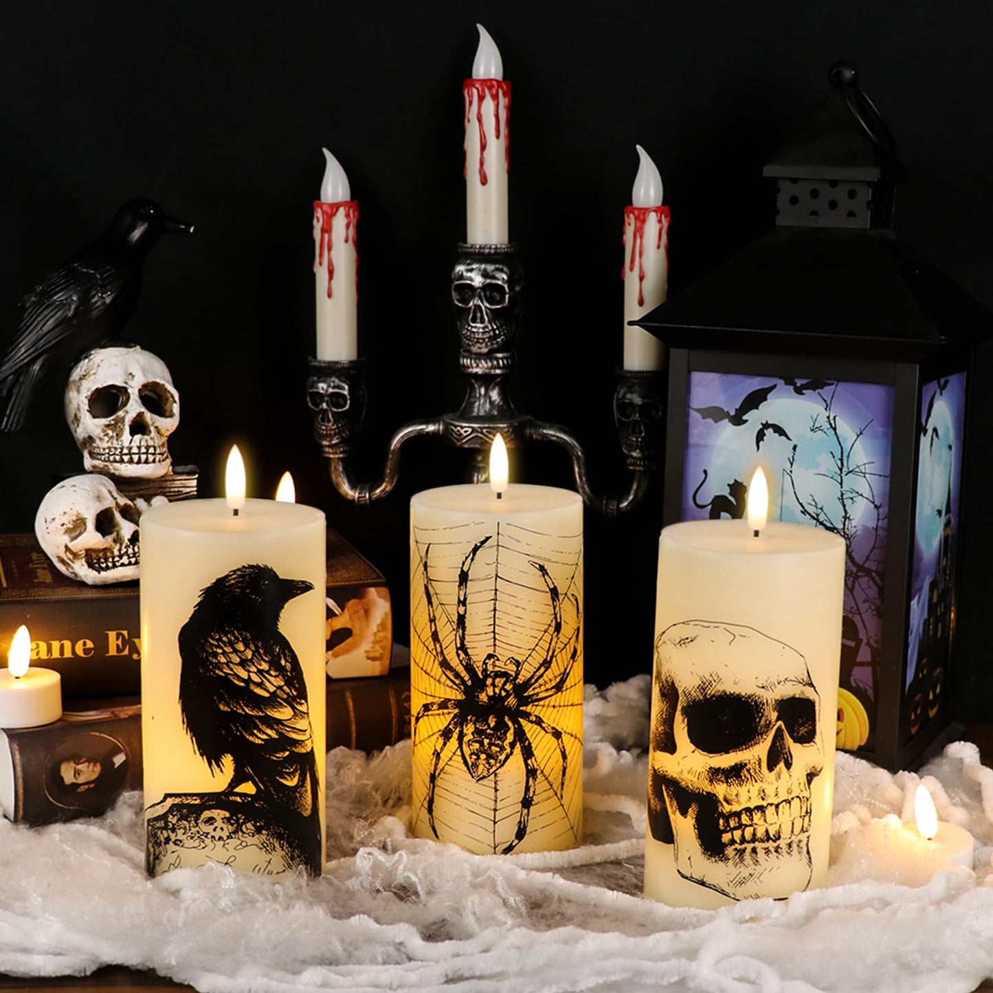DRomance Halloween Flameless Candles Battery Operated with Remote and Timer, Real Wax 3D Wick LED Flickering Pillar Candles Skull Crow Spider Web Decals Dinner Halloween Decor(3 Pack, 3" D x 6"" H)"
