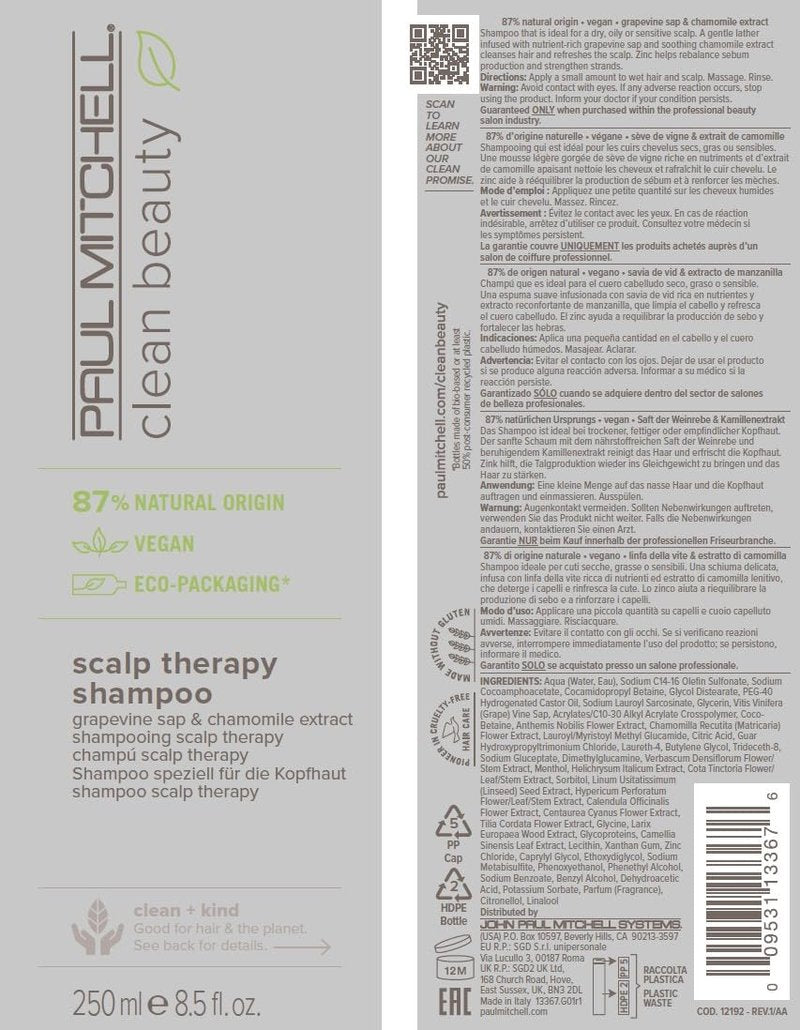 Paul Mitchell Clean Beauty Scalp Therapy Shampoo, Gently Conditions + Cools All Hair Types, Especially Dry, Oily + Sensitive Scalps, 8.5 fl. oz.