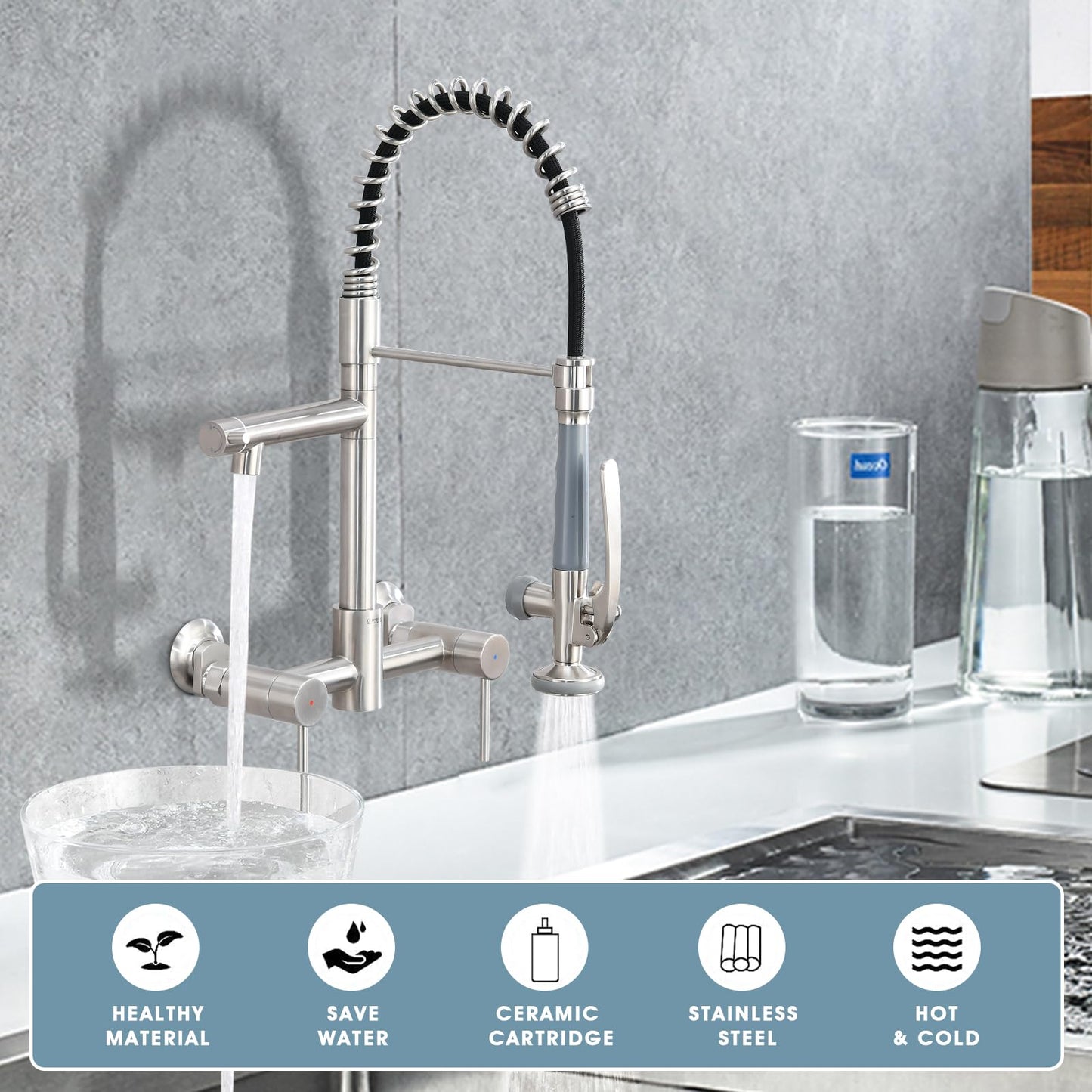 DEMIINUS Wall Mount Kitchen Faucet with Pull Down Sprayer, 8 Inch Center Kitchen Sink Faucet, Heavy-Duty Commercial Wall Mount Faucets, 2 Handle Faucet for Kitchen Sink, Brushed Nickel