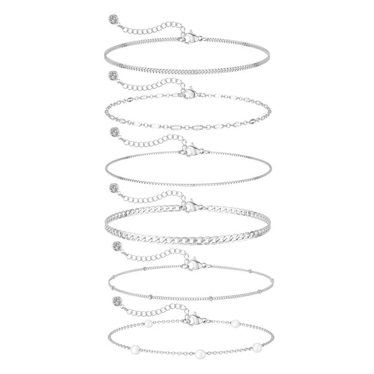 14K Silver Plated Pearl Bracelets for Women Waterproof, Dainty Silver Plated Cuban Link Chain Bracelet Stack Silver Pearl Jewelry Set for Womens Beaded Bracelets Small Simple Cute Thin Prom Wedding Jewelry