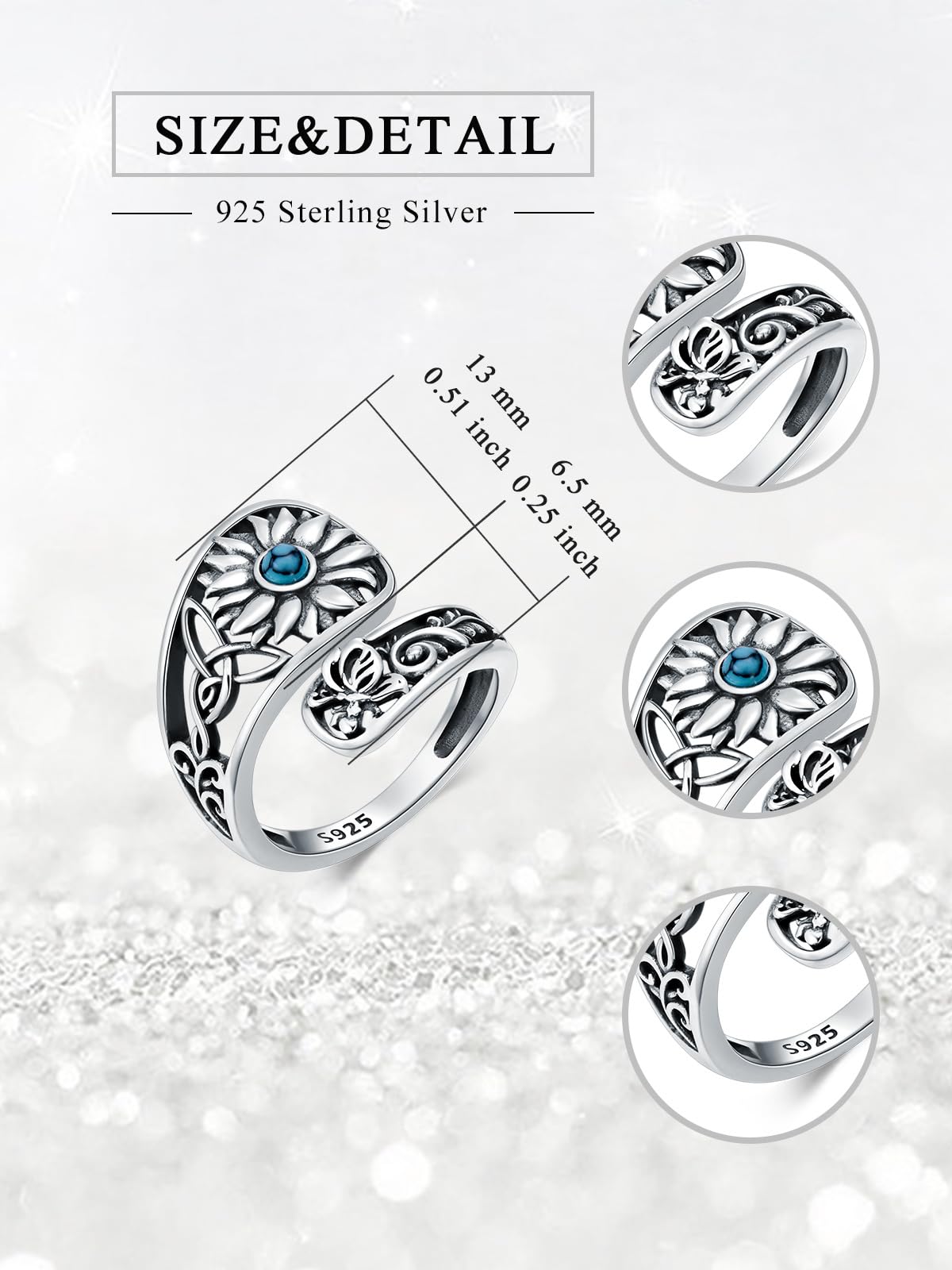 Midari Sunflower Spoon Rings for Women Sterling Silver Sunflower Turquoise Adjustable Flower Rings Spoon Jewelry for Women Christmas Birthday Gifts(Customization)