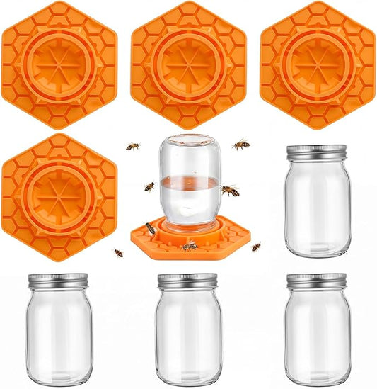 4 Pack Bee Feeder for Mason Jar Bee Watering Station Garden Silicone Sugar Water Feeder Beekeeping Drinking Equipment Tools with Mason Jars for Drinking Water(Orange,Hexagon)