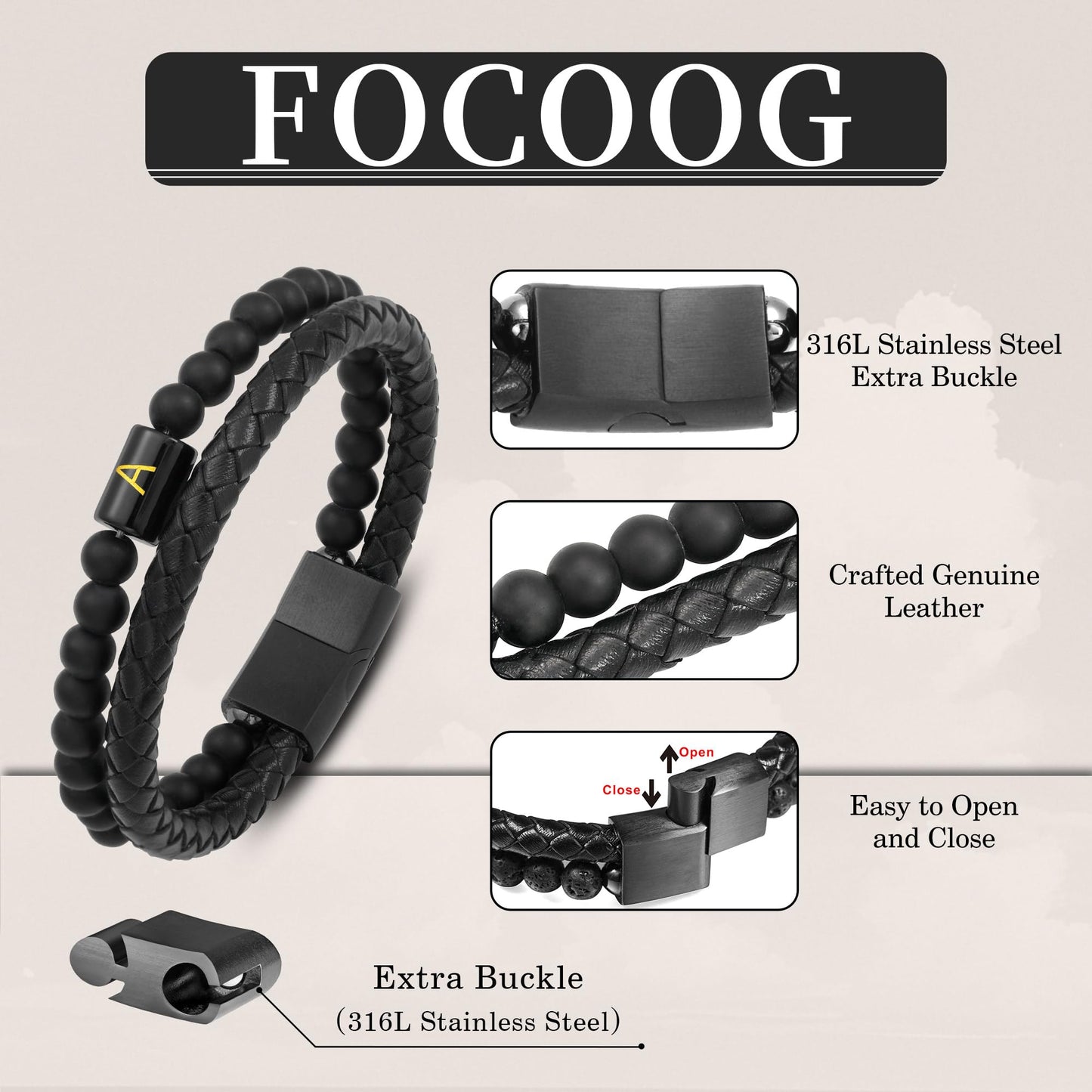FOCOOG Men's Leather Initial Bracelet with Matte Agate Stone Beads - 8 Inch Modern Unisex Bracelet