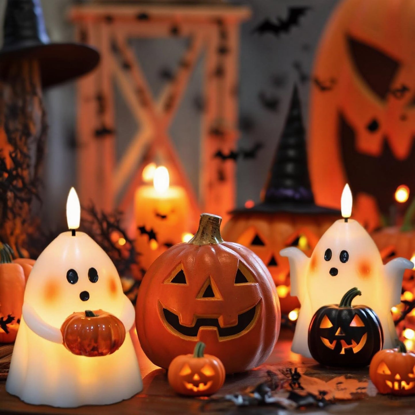 Eldnacele Spooky Ghost Halloween Flameless Candles with Timer Set of 2 Battery Operated LED Pillar Candles Ghost Light Real Wax 3D Wick Flickering Long Lasting Home Indoor Decor(3.5" D x5 H)"
