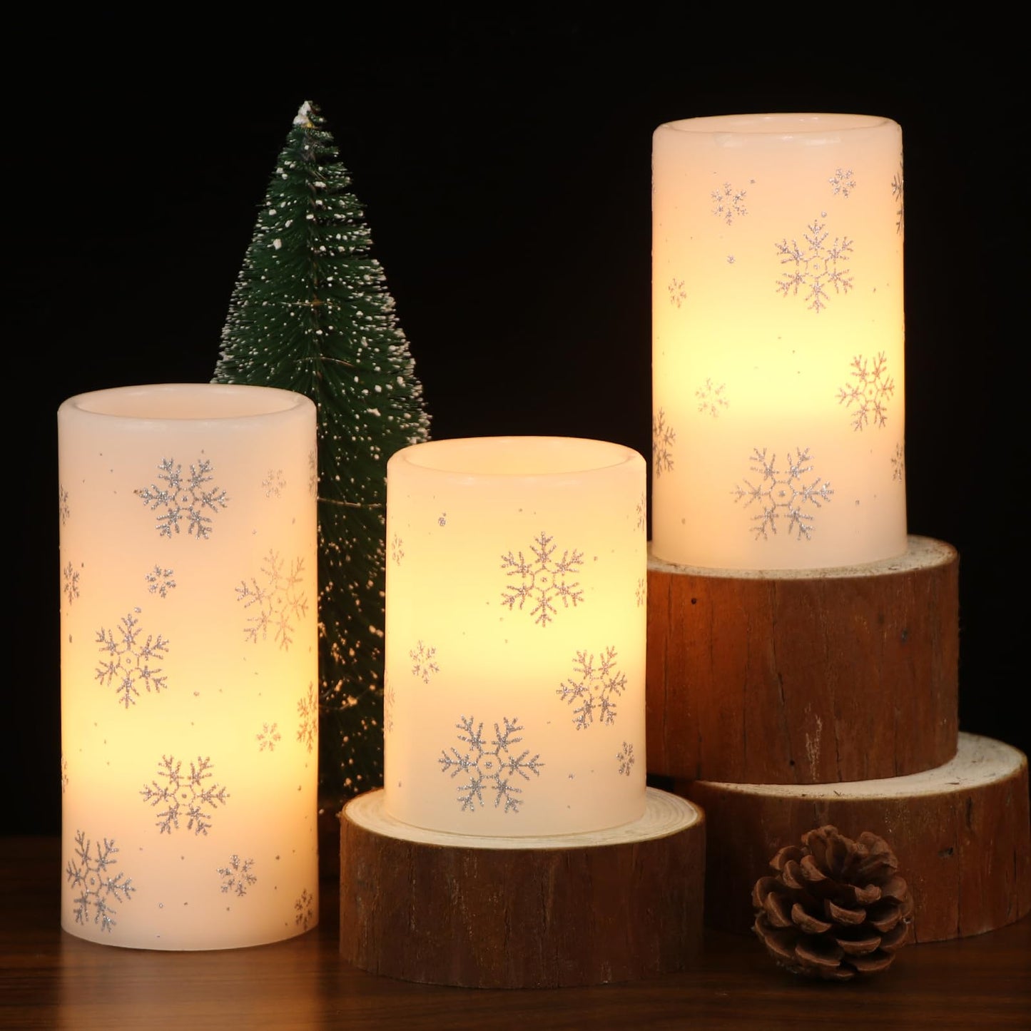 DRomance Silver Snowflake Flameless Flickering Candles Battery Operated with 6H Timer, 3 Pack Real Wax Warm Light LED Pillar Candles Dinner Tabletop Holiday Centerpiece Decor 3" x 6"""