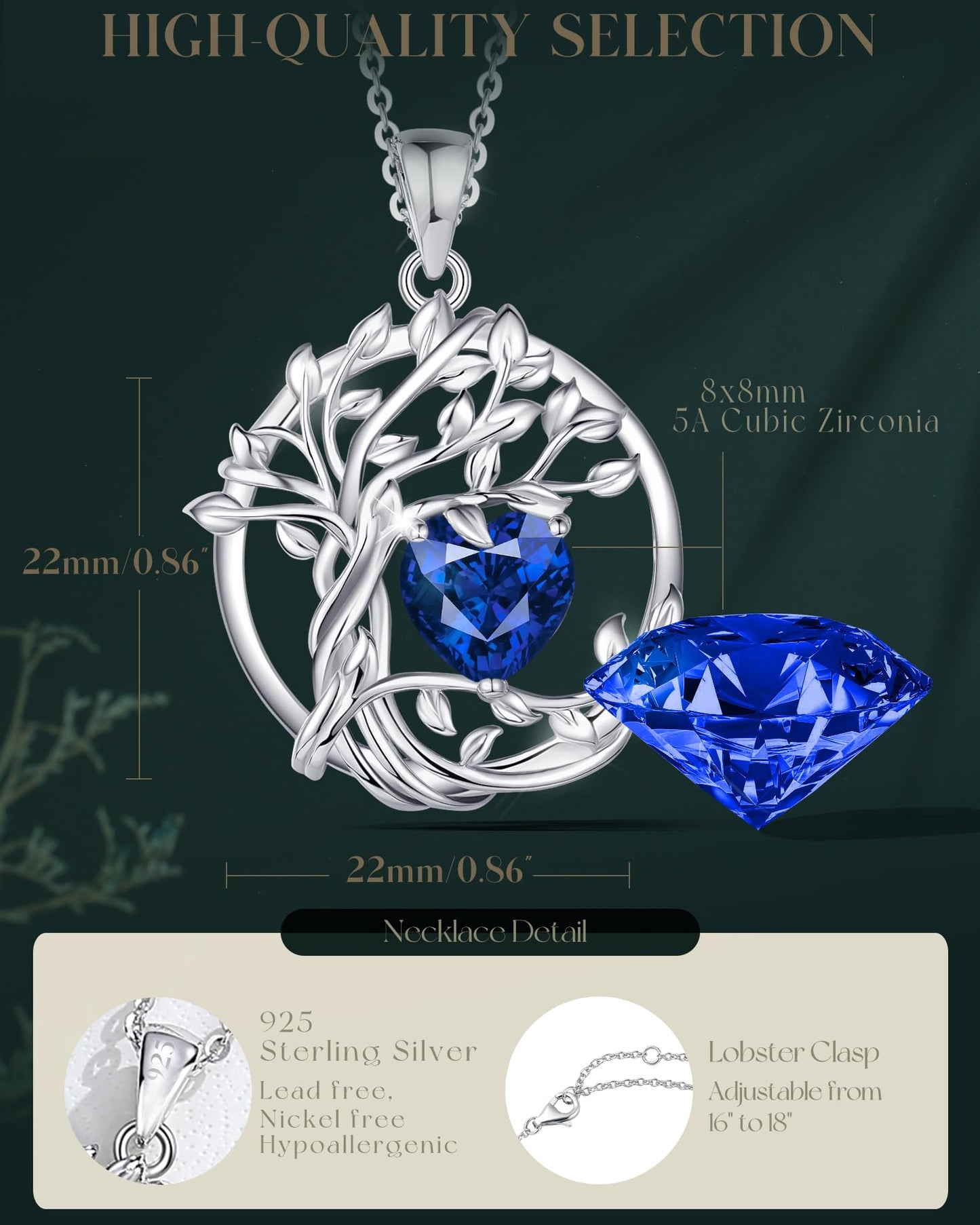 FANCIME Tree of life Birthstone Necklace for Women Sterling Silver Tree Jewelry Sapphire Pendant September Birthday Blue Gemstone Anniversary Christmas Gifts for Girlfriend Wife Mom Her