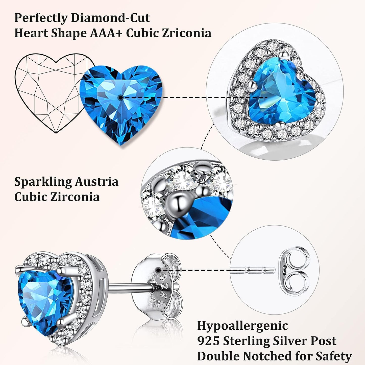 Bestyle CZ Heart Diamond Stud Earrings 5mm December Blue Topaz Birthstone Solitaire Earrings, 925 Sterling Silver Earrings Jewelry Gift for Wedding Anniversary Birthday