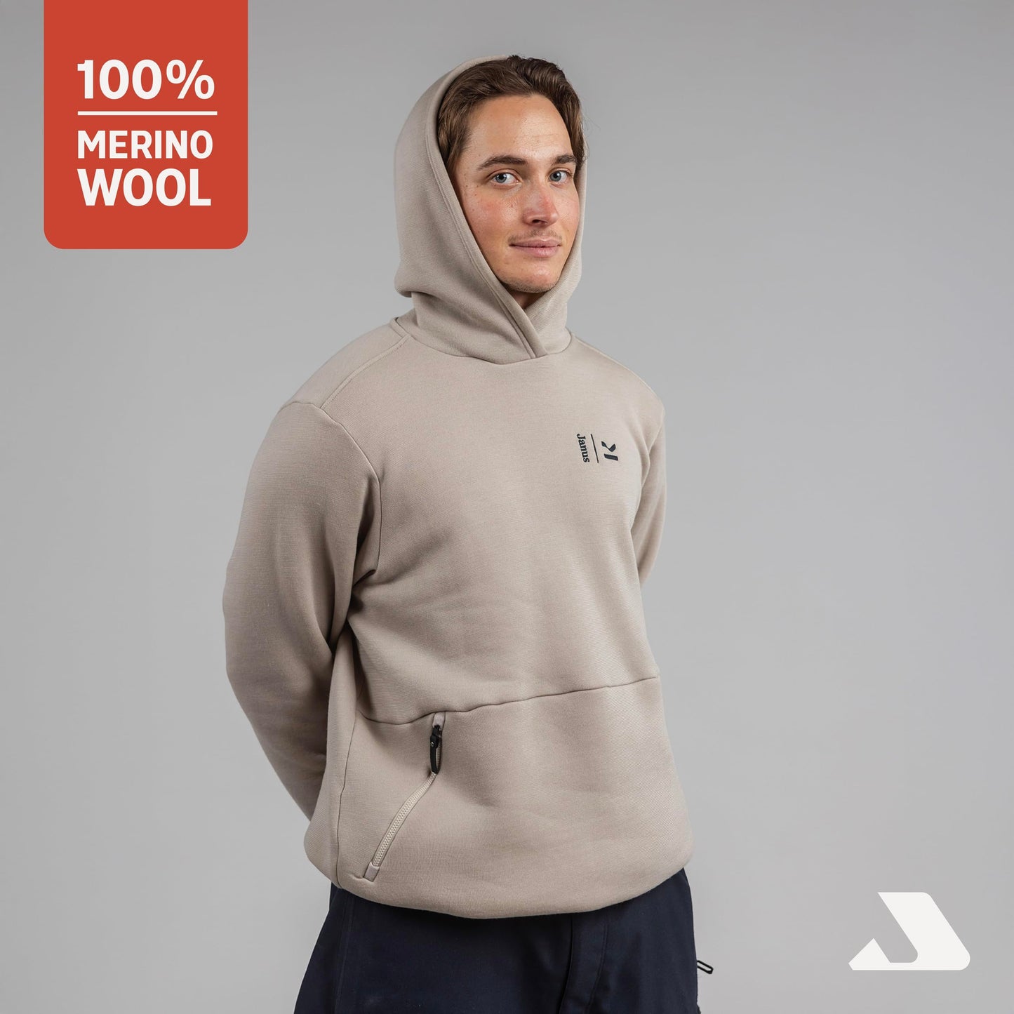 Janus Wool Kleveland Merino Hoodie - 100% Wool Fleece Sweatshirt - Men, Women, Teens - Warm Winter Snowboarding Pullover - Brushed Interior - Adjustable Hem - Kangaroo Pocket - Large Beige