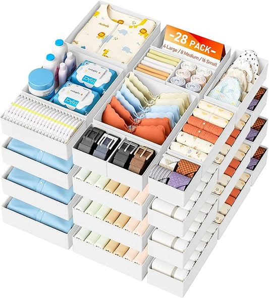 DIMJ Drawer Organizer Clothes 28 Pack - Foldable Baby Organizers and Storage Dresser Organizer for Bedroom, Closet Nursery Organization Dresser Dividers for underwear, Sock, Bra, Belt, Tie
