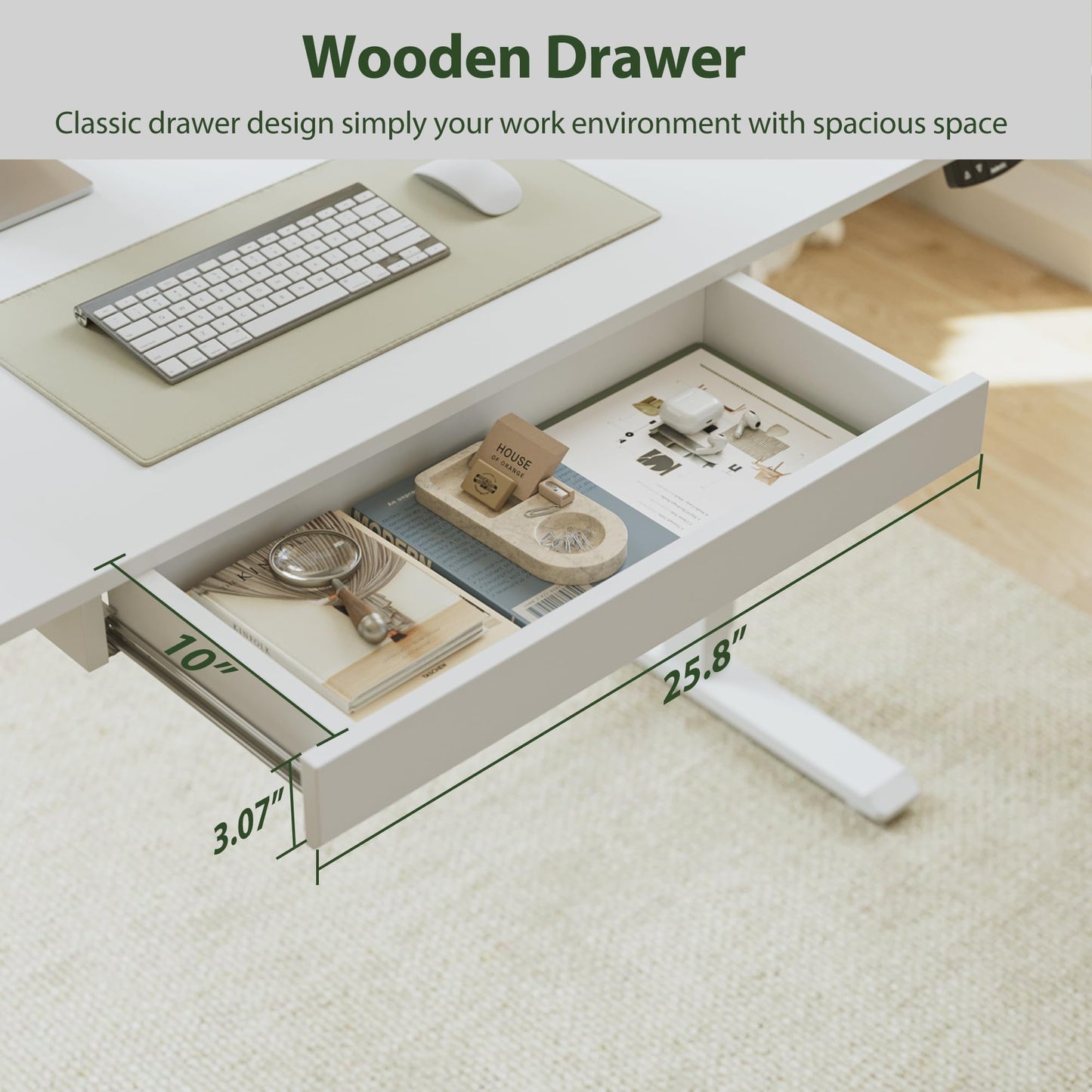 Agilestic Adjustable Height Electric Standing Desk with Storage Wooden Drawer, 63 x 24 Inches Stand Up Home Office Computer Gaming Table with Splice Board for Work Office Home, White